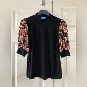 CeCe Black Blouse with Floral Puff Sleeves